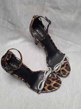 ALDO Leopard Print Ankle Strap Heels with Crystal Bow - Brown